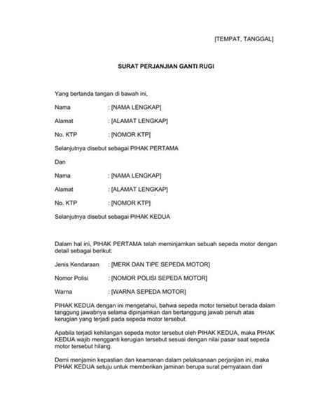 Contoh Surat Perjanjian Ganti Rugi Di Atas Meterai Formatnya