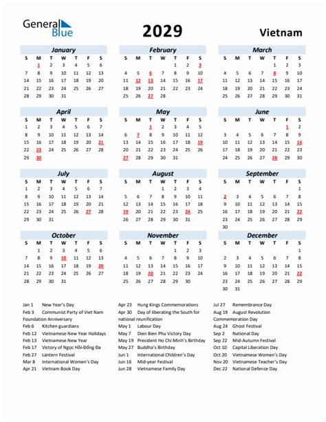 2029 Vietnam Calendar With Holidays