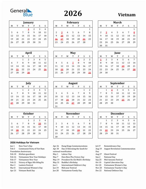 Free Printable 2026 Vietnam Holiday Calendar