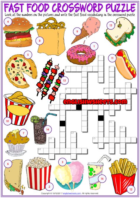 Hi folks when you need clue for provided food which question of puzzle page crossword game, you can find answer in this page. Fast Food ESL Printable Crossword Puzzle Worksheet For Kids