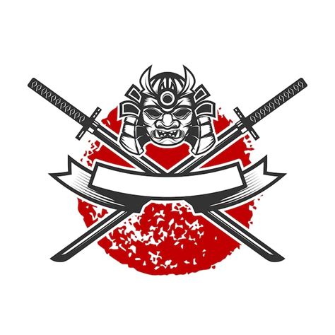 Emblema Con Elmo Samurai E Spade Katana Incrociate Elemento Di Design