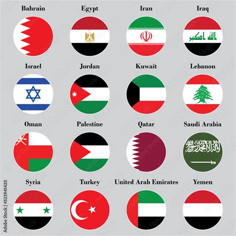 The Circular Middle East Asian Flag Tells The Name Of Each Country On A