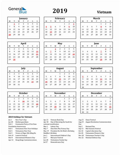 Free Printable 2019 Vietnam Holiday Calendar