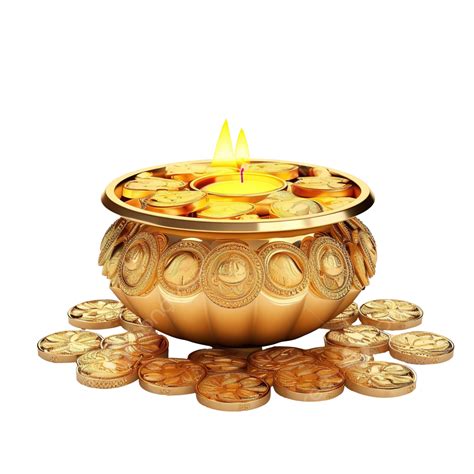 Creative Gold Coin Kalash With Diwali Diya For Happy Dhanteras