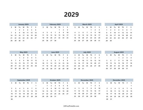 2029 Calendar Free Printable