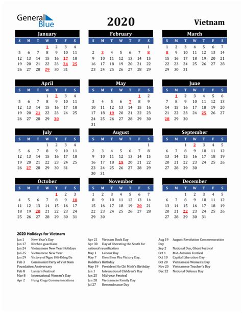 2020 Vietnam Calendar With Holidays