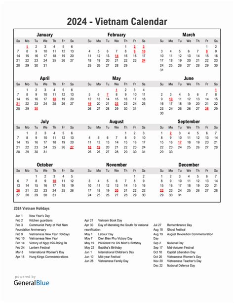 Lunar New Year 2024 Vietnam Calendar With Holidays Printable 2024