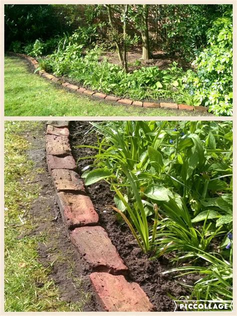 This option is a bit of a wider border due to the double tier created by laying bricks lengthwise in the ground towards the lawn and stacking another row on the side of the garden. Bed edging | Brick garden, Garden edging, Brick garden edging