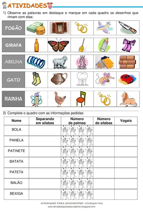 ATIVIDADES PARA EDUCADORES Atividades rimas e sílabas