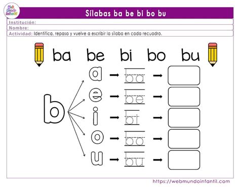 Ejercicios para aprender las sílabas ba be bi bo bu para niños