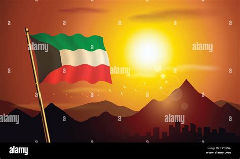 Kuwait Flag With Sunset Background Of Mountains And Lakes Stock Vector