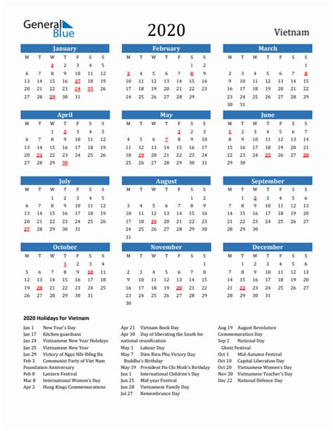 2020 Vietnam Calendar With Holidays