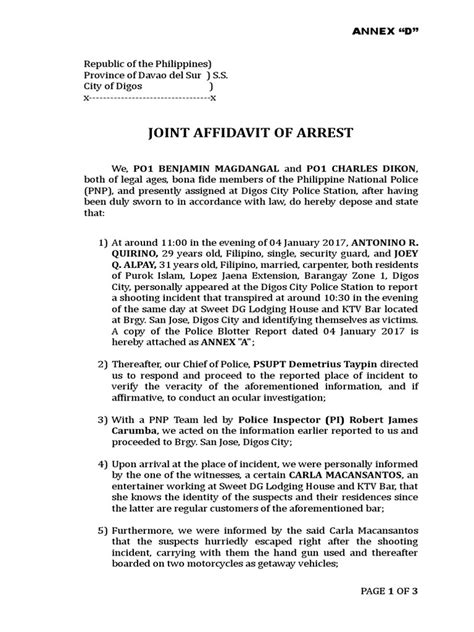 Annex D Joint Affidavit Of Arrest Affidavit Law Enforcement