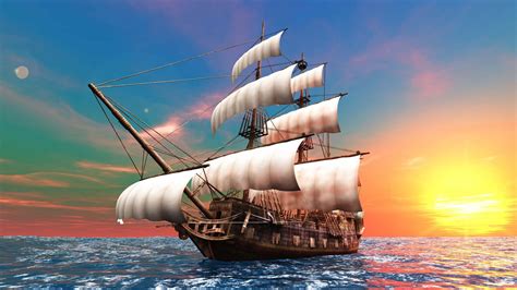 Pirate Ship Sunset Hd