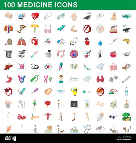 100 La Medicina Establecida Los Iconos De Estilo De Dibujos Animados