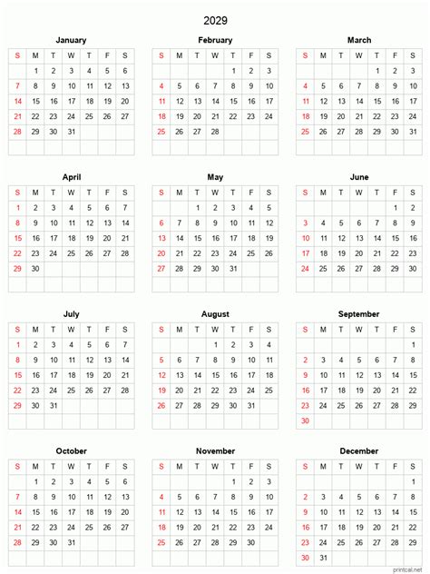 2029 Printable Calendar Full Year Calendar Grid Style