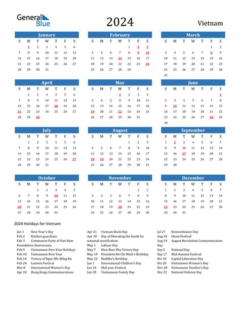 2024 Vietnam Calendar With Holidays