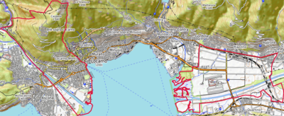 Mappa moderna con aeroporto e zona industriale sulla linea ferroviaria nella pianura di Magadino, Gerre di Sotto.