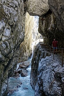 A steep valley with gorge or canyon, the Höllental in Wetterstein mountains