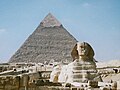 The Great Sphinx of Giza, with the Pyramid of Khafre in the background.