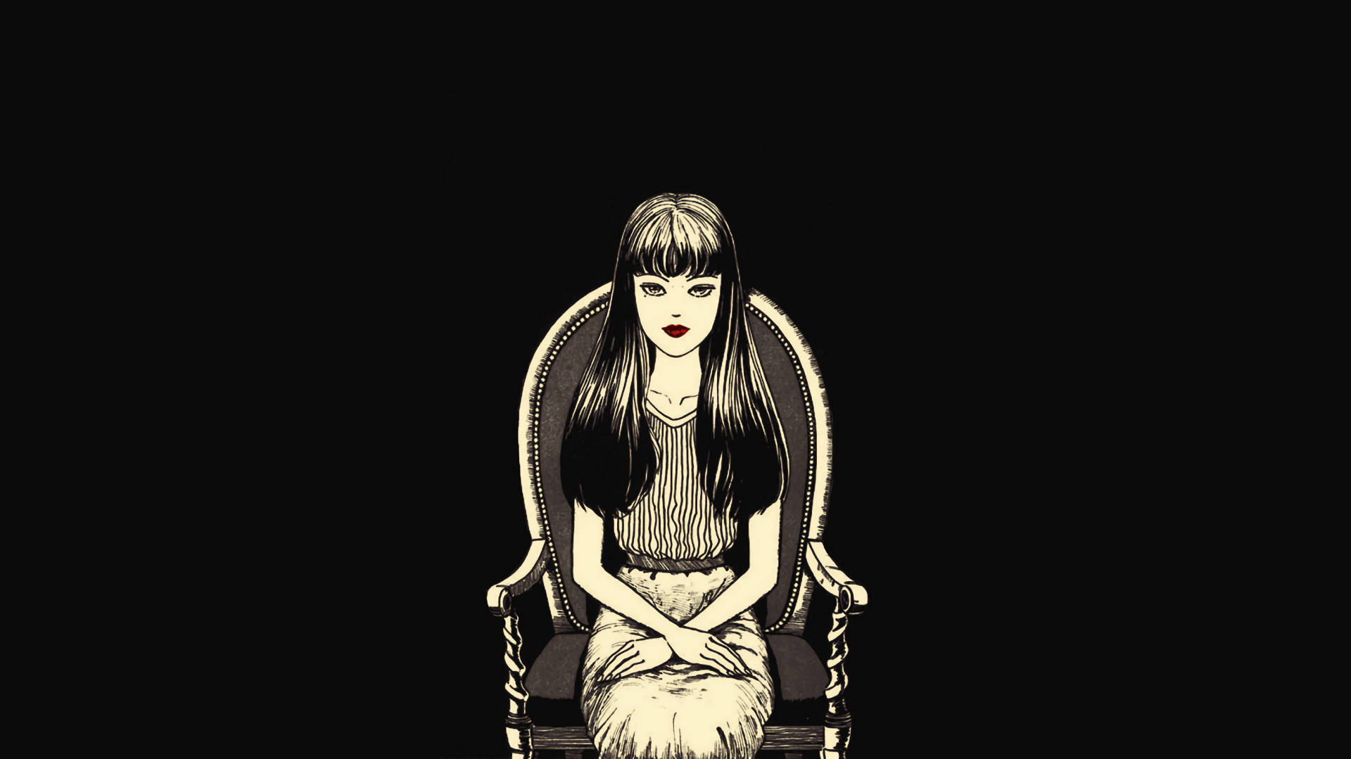 Junji Ito's Character Tomie Kawakami Lounging on a Chair Wallpaper