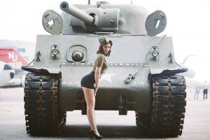 women, Looking At Viewer, Tank, Uniform, Heels, Miniskirt, Tattoo