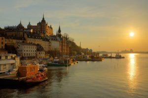 , Sweden, Stockholm, Promenade, River, Sun, Sunrise, Fog, Gold, Houses, Towers, Water, Boat, Reflection, Sk