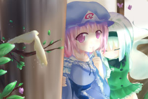 touhou, Girls, Animal, Aoi, Bird, Bow, Butterfly, Hat, Headband, Konpaku, Youmu, Leaves, Pink, Eyes, Pink, Hair, Ribbons, Short, Hair, Sleeping, Touhou, Watermark, White, Hair