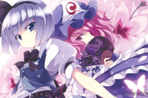 touhou, Girls, Blue, Eyes, Bow, Butterfly, Fan, Flowers, Gray, Hair, Hat, Headband, Konpaku, Youmu, Petals, Pink, Hair, Purple, Eyes, Saigyouji, Yuyuko, Short, Hair, Touhou