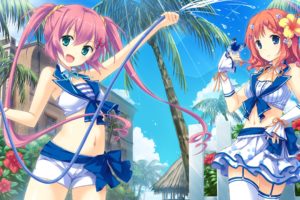 girls, Blue, Eyes, Bow, Butterfly, Game, Cg, Garter, Long, Hair, Mottsun, Navel, Pink, Hair, Pulltop, Red, Hair, Ribbons, Short, Hair, Shorts, Thighhighs, Twintails, Water