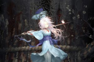 butterfly, Fan, Japanese, Clothes, Katana, Kimono, Long, Hair, Ofuda, Pink, Eyes, Pink, Hair, Saigyouji, Yuyuko, Seeker, Sword, Touhou, Weapon