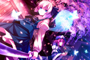 blue, Eyes, Butterfly, Cherry, Blossoms, Fan, Katana, Konpaku, Youmu, Pink, Eyes, Pink, Hair, Ribbons, Ryosios, Saigyouji, Yuyuko, Sword, Touhou, Weapon, White, Hair