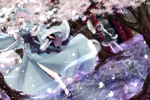 girls, Blue, Eyes, Butterfly, Cherry, Fan, Food, Gray, Hair, Kimono, Myon, Pink, Eyes, Pink, Hair, Ribbons, Short, Hair, Skirt, Sword, Touhou, Tree, Water, Weapon