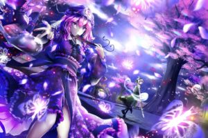 butterfly, Dress, Hat, Headband, Katana, Konpaku, Youmu, Myon, Night, Palinus, Pink, Eyes, Pink, Hair, Purple, Short, Hair, Sword, Touhou, Tree, Watermark, Weapon, White