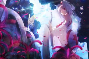 animal, Ears, Butterfly, Flowers, Hat, Inubashiri, Momiji, Jpeg, Artifacts, Pink, Eyes, Short, Hair, Sword, Touhou, Tree, Weapon, White, Hair, Wolfgirl