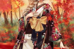 anime, Girl, Autumn, Blonde, Hair, Braids, Butterfly, Kimono, Long, Hair, Pink, Eyes, Side, Tail, Tree