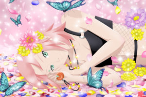 naruto, Shippuden, Aqua, Eyes, Butterfly, Flowers, Haruno, Sakura, Necklace, Petals, Pink, Hair