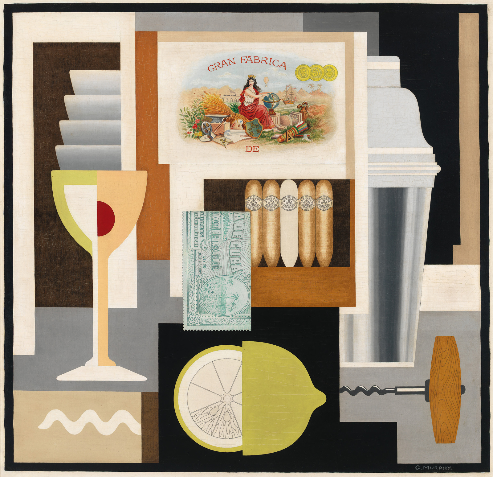 A collage of stylized objects including a cocktail glass, cigars, currency, and a lemon slice on a geometric background.