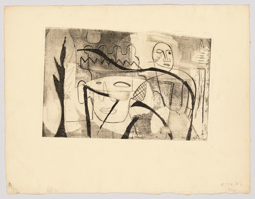 An abstract black and white etching featuring a composition of various shapes and lines with two prominent mask-like faces, one with a crown-like shape on its head. The artwork is on aged paper with rough edges, and there's a signature and date on the bottom right corner.