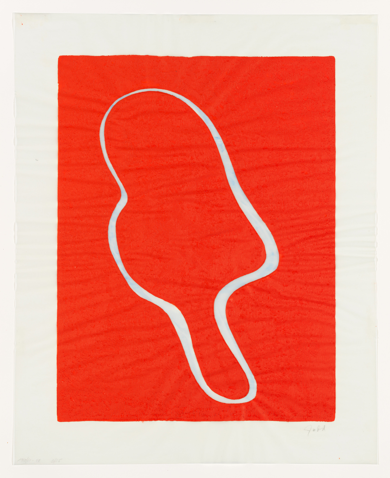 A vibrant red abstract print with a white squiggly line forming a loose, incomplete outline of a head and neck against a red background. The artwork has a white border, and there are signatures or inscriptions at the bottom.