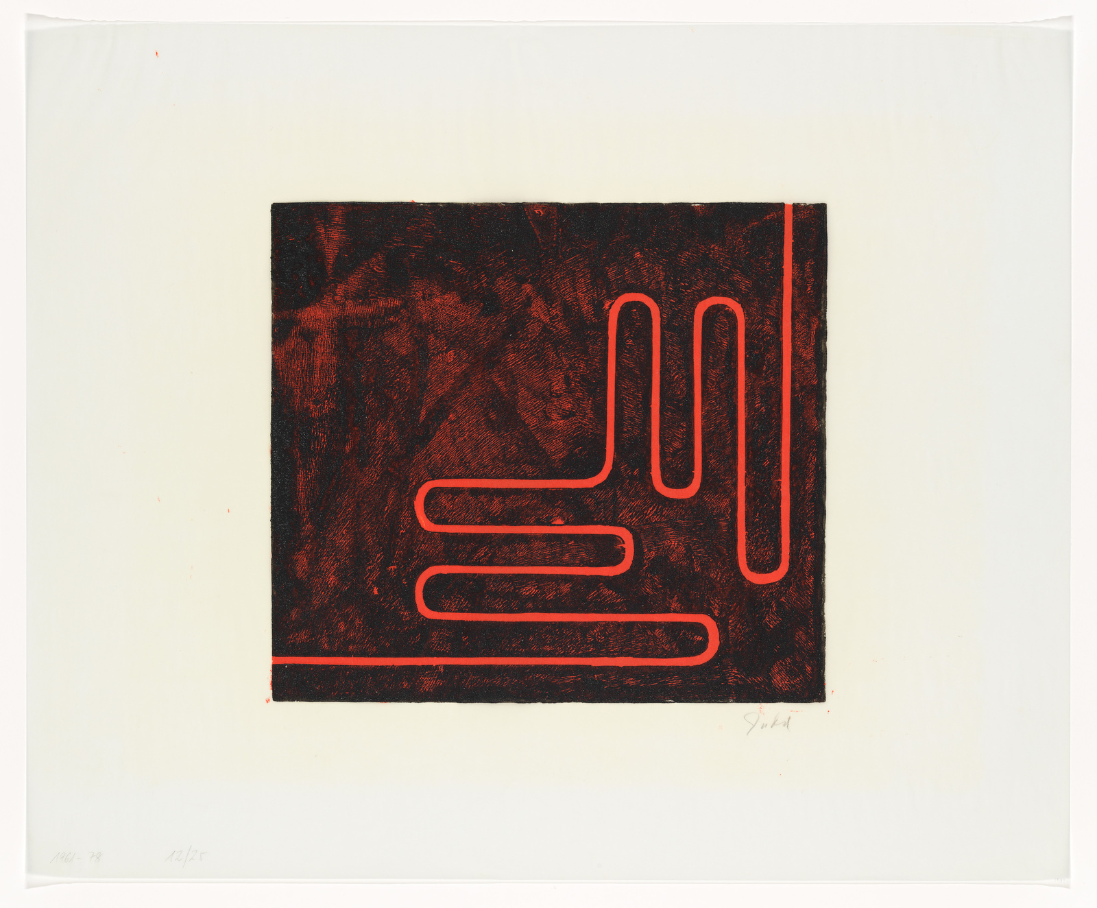 A print featuring a dark red background with a stylized, abstract linear design in bright red-orange, resembling a circuit or maze, centered on a cream-colored paper. The artwork is signed and dated in the lower margins.