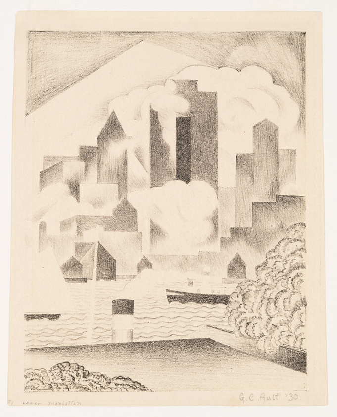 Pencil drawing of a stylized cityscape with geometric buildings and clouds, signed "G.E. Ault '30" in the lower right corner and titled "Lower Manhattan" in the lower left. The artwork features a contrast of light and shadow, with a body of water and a boat in the foreground.