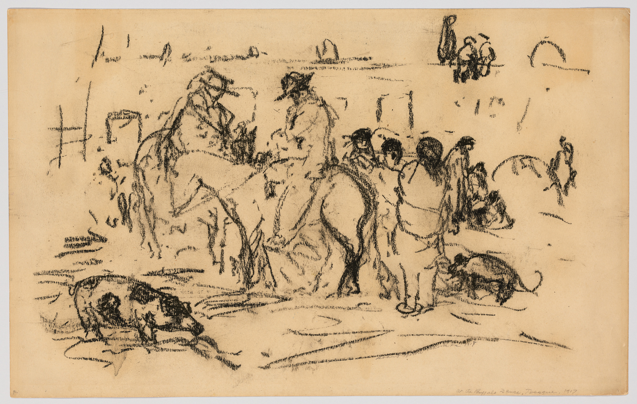 Sketch of a bustling bullfighting scene with multiple figures, including matadors and bulls, depicted in loose, expressive lines on a tan paper. The dynamic composition captures the movement and chaos of the event, with some figures and animals more defined than others, creating a sense of depth and activity. The artwork is dated 1917 and signed in the lower right corner.