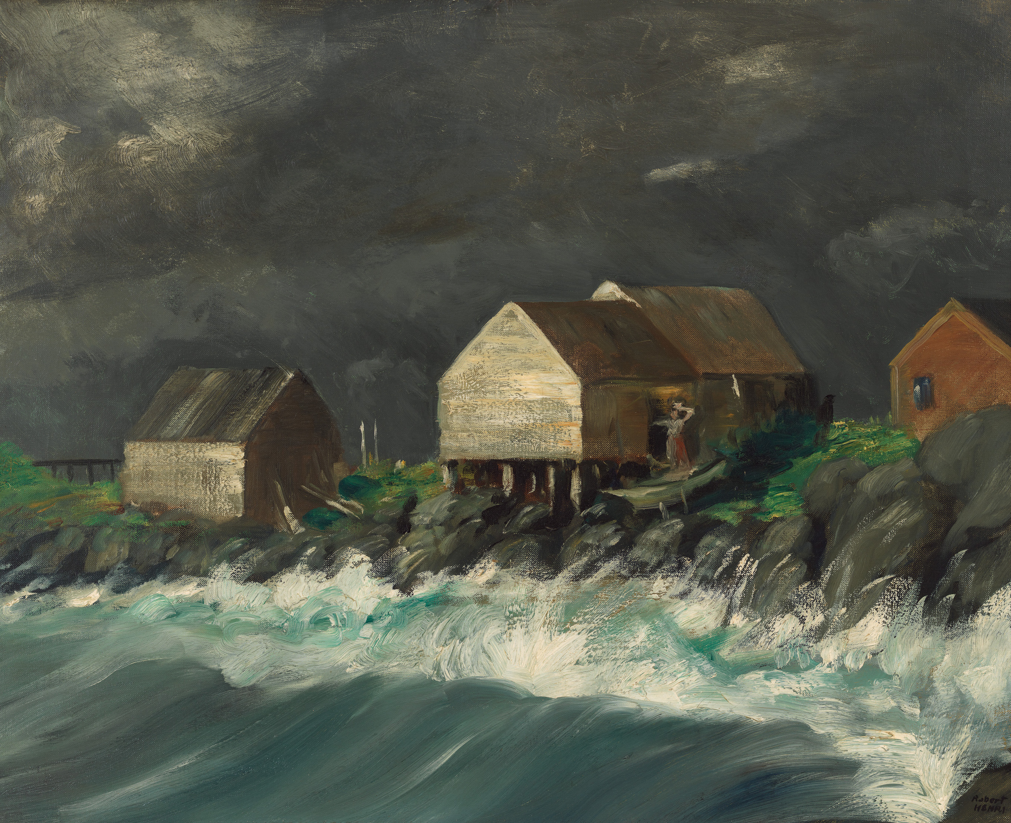 A painting depicting a stormy seascape with three rustic buildings on a rocky shoreline. The ocean is rendered with dynamic brushstrokes in shades of dark blue and white, suggesting churning waves. The sky is overcast with dark, swirling clouds, and the buildings appear weathered, with one showing a figure standing by the door. The scene conveys a sense of isolation and the raw power of nature.