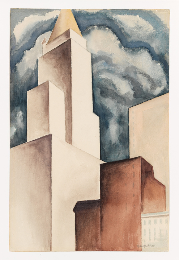 Watercolor painting depicting an abstract composition of geometric architectural forms in shades of beige, brown, and blue, with a swirling blue and gray sky in the background. The tallest structure is capped with a golden pyramid-like top, and the artwork is signed and dated in the lower right corner.