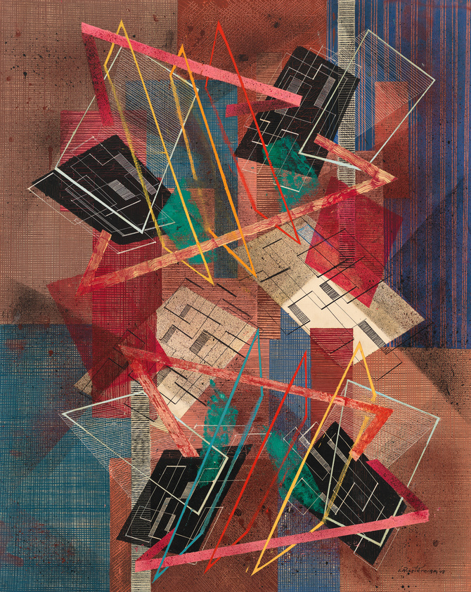 A vibrant abstract artwork featuring a complex arrangement of geometric shapes and lines in various colors, superimposed over a textured background with a mix of horizontal and vertical patterns. The composition includes rectangles and triangles in shades of black, red, blue, yellow, and white, with some elements containing grid-like detailing. The overall effect is dynamic and layered, suggesting depth and movement.