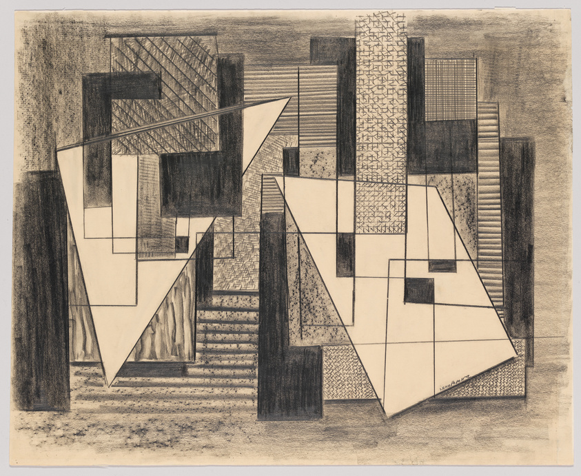 Pencil drawing of an abstract composition with geometric shapes and patterns, featuring a variety of textures and shading techniques to create depth and contrast. The artwork includes overlapping forms and linear elements that suggest an architectural influence.