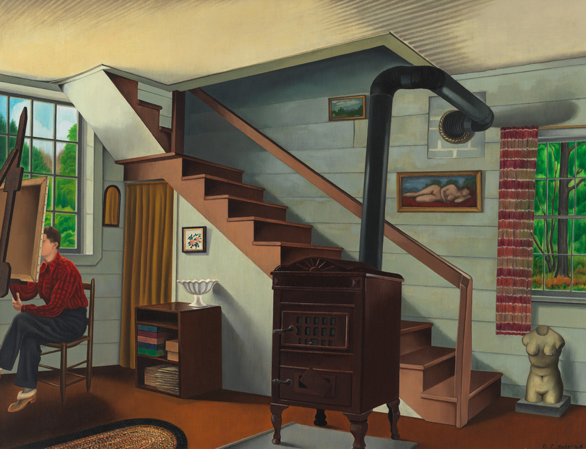 A painting depicting an interior scene with a man seated in profile, painting at an easel near a window with a view of greenery. The room features a wooden staircase, a cast iron stove with a pipe extending to the ceiling, and various artworks on the walls. A small sculpture is placed near the staircase, and the room is lit with natural light from the windows.