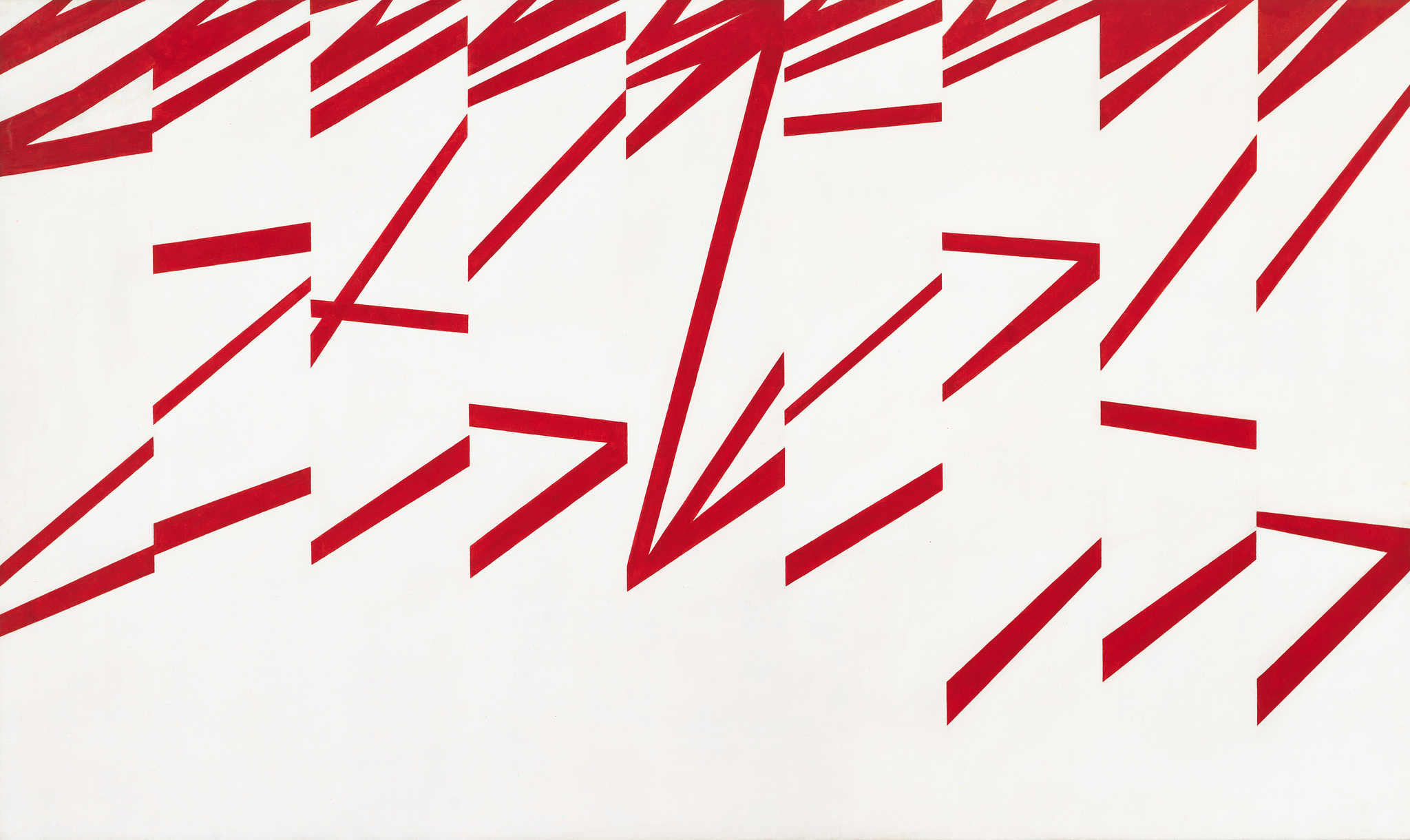 A dynamic abstract artwork featuring a series of red angular lines and shapes on a white background, creating a sense of movement and energy.