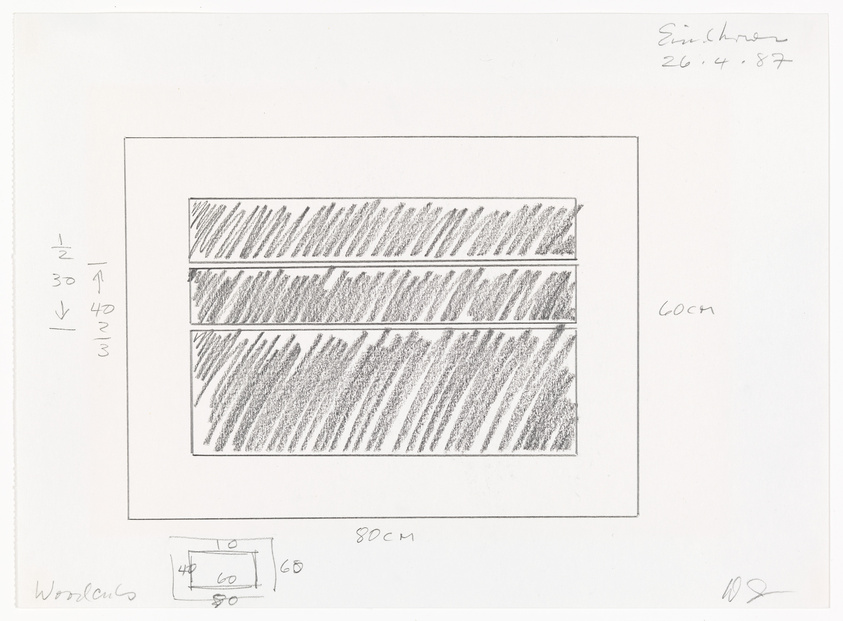 A sketch of a three-panel striped artwork with annotations indicating dimensions and artist's signature with a date in the upper right corner. The stripes are diagonal, and there are mathematical calculations and notes on the left side and bottom of the page, suggesting a planning stage of the artwork.